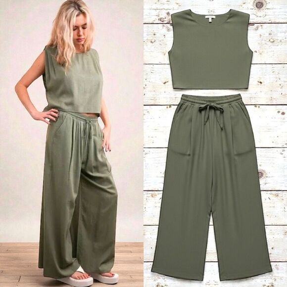 Very J Pants - Linen Crop Top & Wide Leg Pant Set NWT | Olive Green | Very J